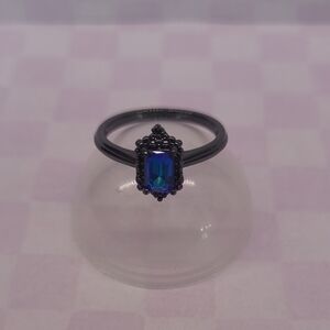 Black Ring with Blue Emerald Cut Stone - Size 8